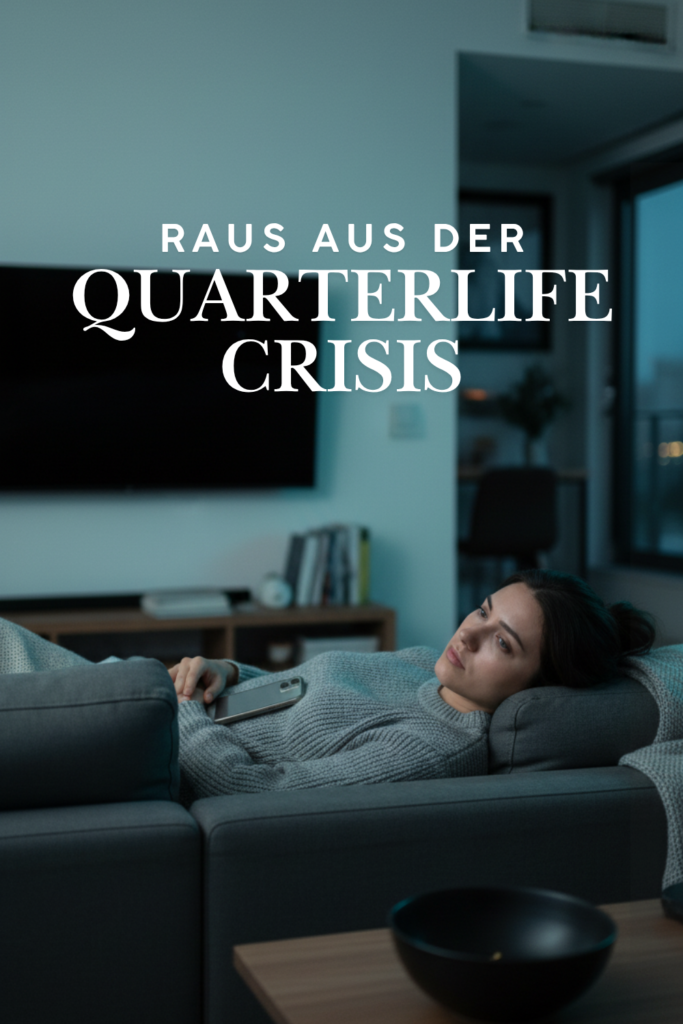 Junge Frau liegt abends nachdenklich mit dem Smartphone auf dem Sofa – Sinnbild für die Quarterlife Crisis